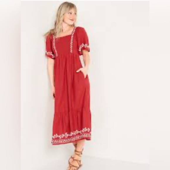 Old Navy Red Maxi Dress with Embroidery Fit & Flare Short-Sleeve Tie-Back Midi - Picture 1 of 9